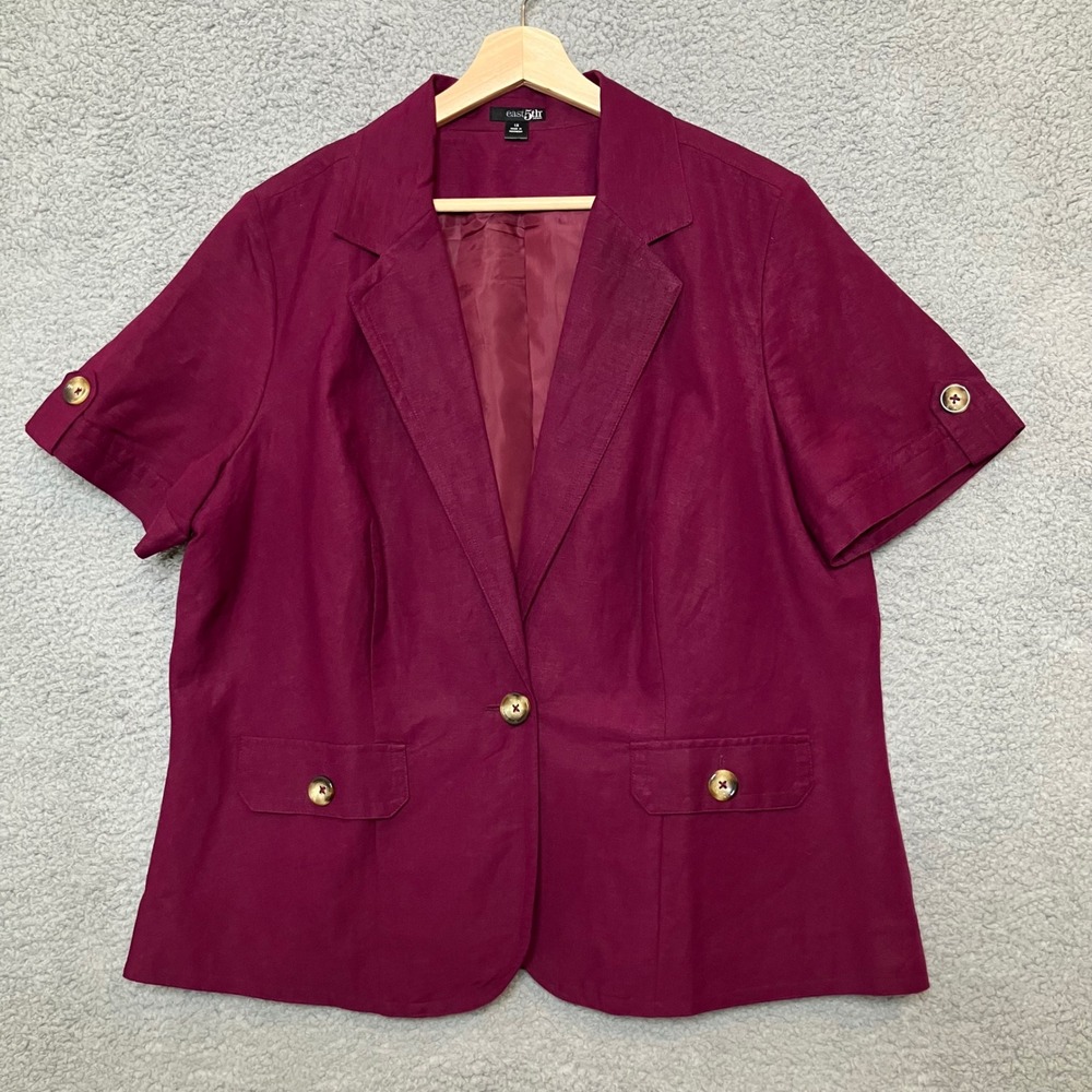 East 5th Blazer Woman 1X Berry Wine Red Linen Short Sleeve Peplum Jacket Spring